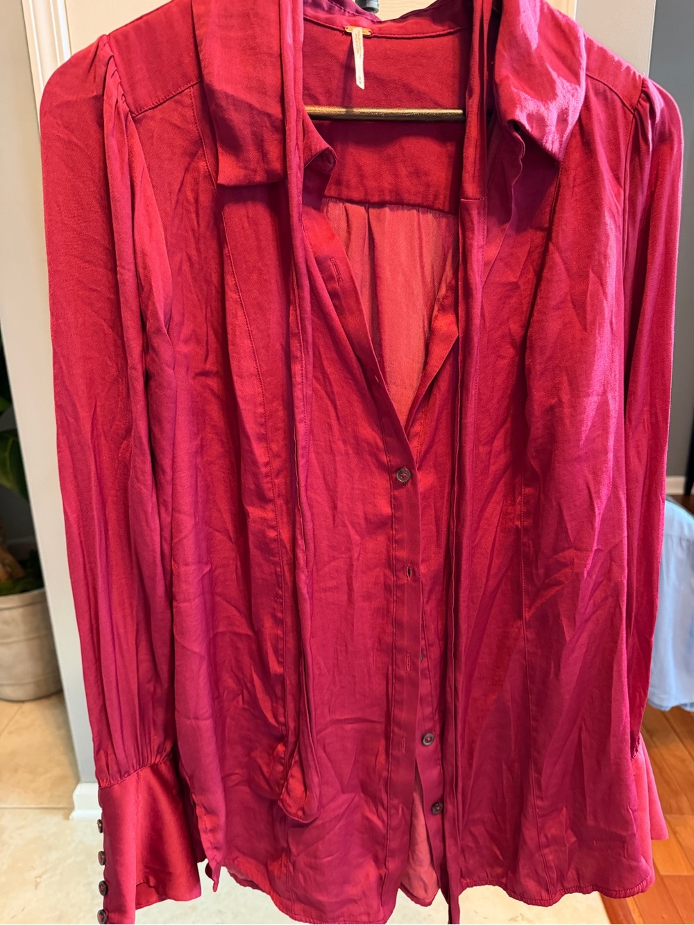 Women's Free People Burgundy Button-Front Blouse with Neck or Waist Tie